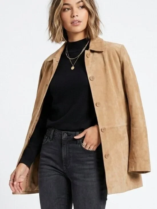 Vintage 90s BERNARDO Suede Leather Car Coat Jacket Tan S/M