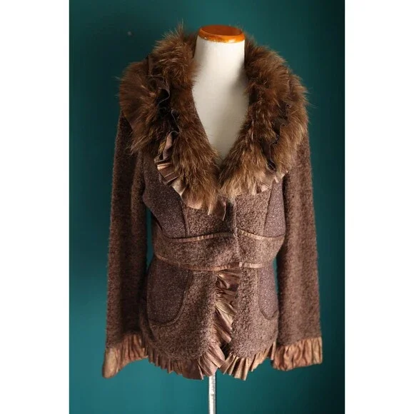 NWT Dolce Cabo Y2K Style Brown Ruffle Wool Jacket Raccoon Fur Fairy Grunge XL