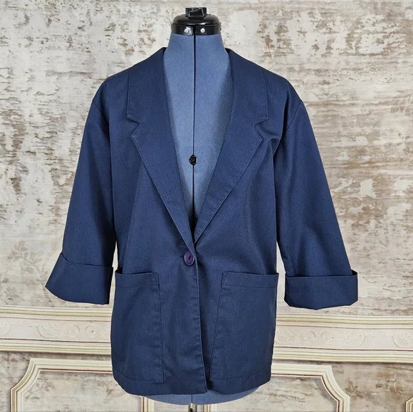 Vintage Blue Chore Coat Blazer Women's S Twill 1980s 80s 1990s Made in USA