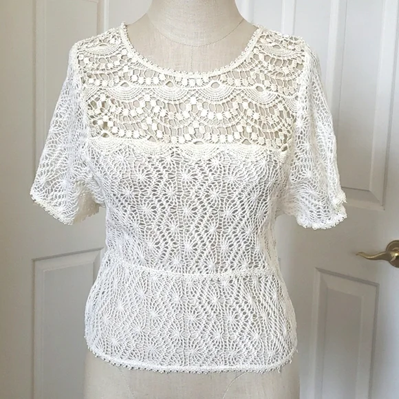 Vintage Crochet Top Short Sleeve Off-White
