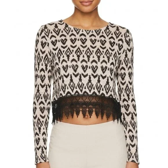 H&M Divided Tribal Ikat Print Long Sleeve Crop Top Lace Hem Black Cream Large