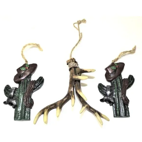 Set of three Southwestern ornaments - two cacti and one set of antlers 4 inches