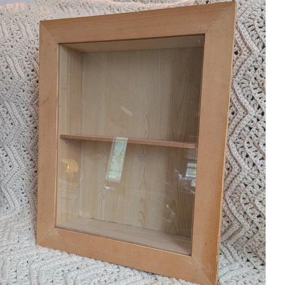 Natural Wood Shadow Box Display Case Hinged Glass Door Wall Hanging 16.5x13.5