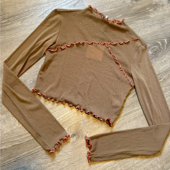 MIMOSA Brown Long Sleeve Ruffle Top- Size L
