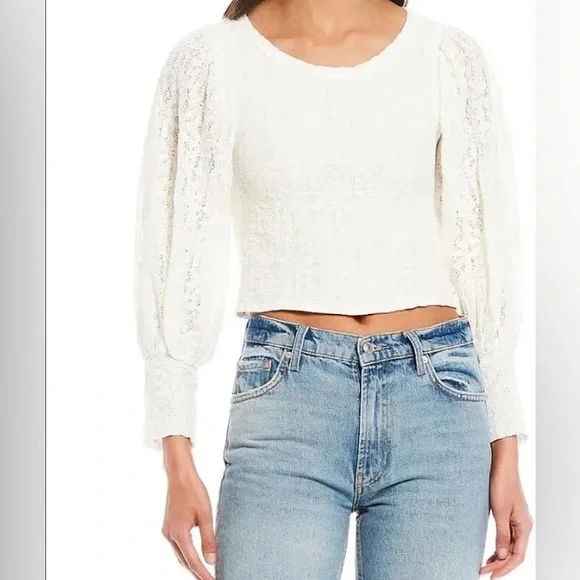 Free People Women’s Tea‎ Time Round Neck Long Puff Sleeve Lace Top white Size M