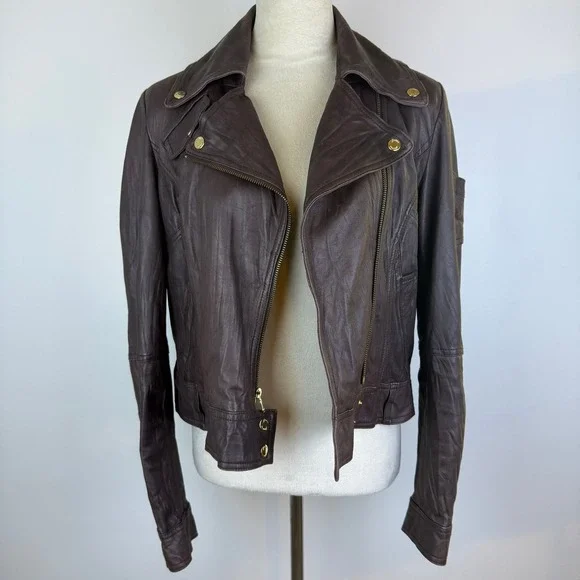 Y2K Guess Womens Brown Real Leather Moto Jacket Gold Zip & Snaps Pocket Size LG