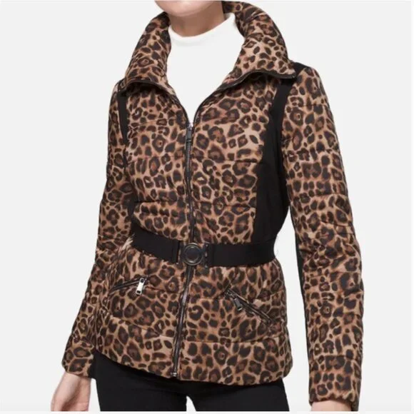 White House Black Market Leopard Printed Puffer with Belt Size Extra Small NWT