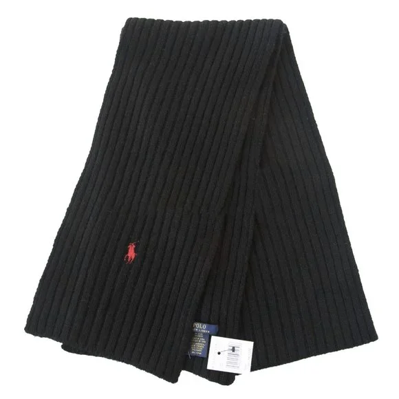 NEW $79 Polo Ralph Lauren Ribbed Scarf Black With Red Signature Polo Player Wool