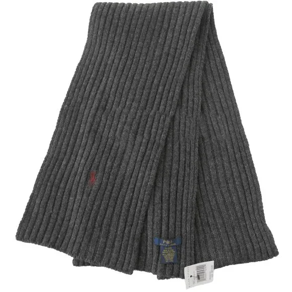 NEW Polo Ralph Lauren Ribbed Scarf! Gray Heather With Maroon Polo Player Wool
