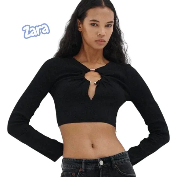 ZARA Black Ribbed Cutout Ring Detail Long Sleeve Crop Top Size S