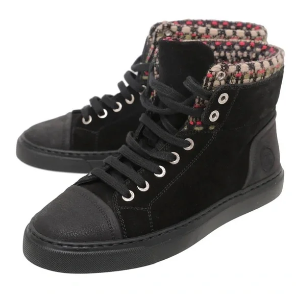 Chanel 15A Suede Leather Tweed High Top Black Sneakers Size 37
