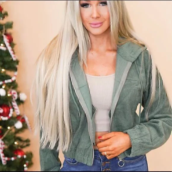 MADE With Love Olive Green Corduroy Cropped Hoodie Jacket