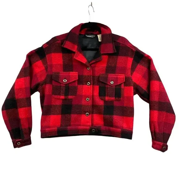 VTG 90s Buffalo Plaid Wool Bomber Jacket Med Crop Camp Rustic Grunge Western Y2K