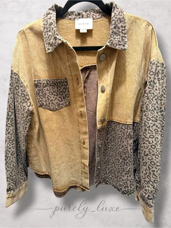 HYFVE Two-Tone Leopard Patchwork Jean Jacket in Tan and Leopard