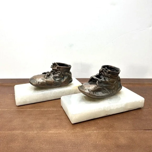 Vintage Copper Baby‎ Toddler Shoes Bookends Paperweight Marble Base