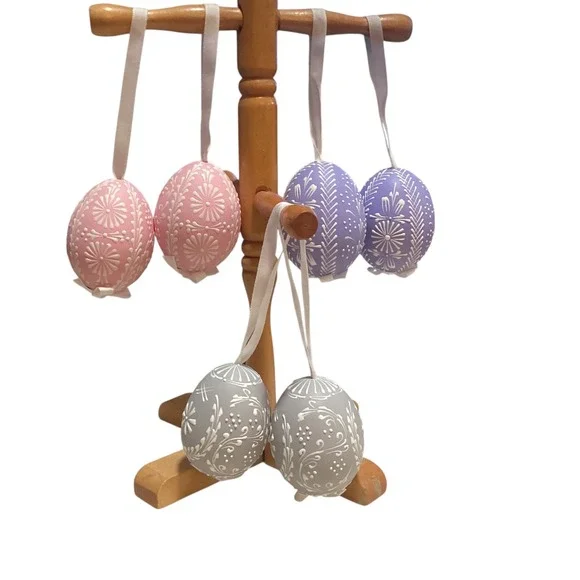 Set of 6 Easter Ornaments Pink Purple Gray Decorative Eggs Hanging Ribbons
