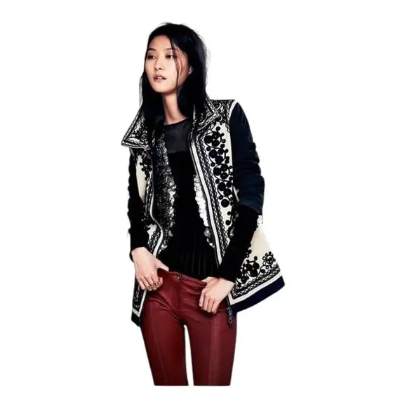 Free People Stitched Quills Embroidered Cream Black Jacket Boho Small Western