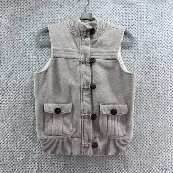 Old Navy Vest Womens M Beige Cotton Fleece Lining Y2K Toggle Buttons Zip Front
