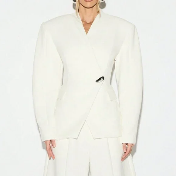 White Elegant Women's Balloon Sleeve V-Neck Blazer