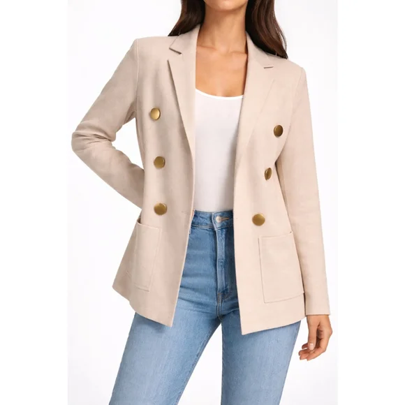 Sioni Double Breasted Knit Blazer XS Beige‎ Gold Button Tailored Sweater Jacket