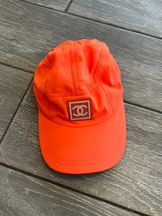 Rare CHANEL CC Logo Sport Neon Orange Nylon 5-Panel Baseball Hat Cap