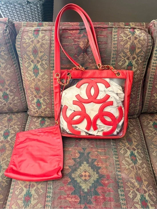 CHANEL VINTAGE RARE 90s Red Clear Vinyl Tote WITH Attached Inner Bag.