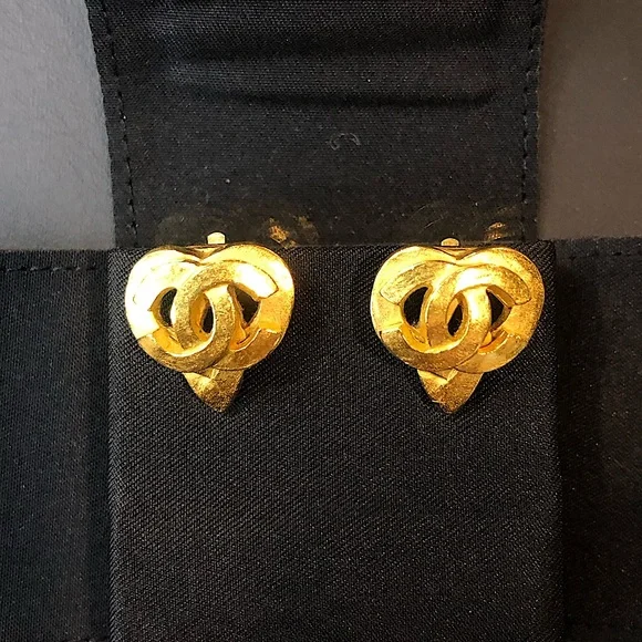 CHANEL CC Interlinked Open Heart Gold Statement Earrings w/ Box