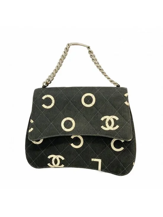 Chanel Handbag Canvas Black White Silver