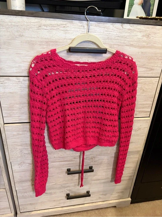 Free People Beach Hot Pink Open Knit Crochet Tie Back Sweater Boho Coastal Top