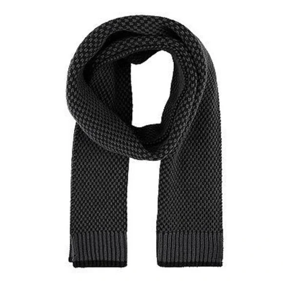 Dockers Mens Birdseye Waffle Knit Scarf Black Charcoal Grey Ribbed Trim NEW