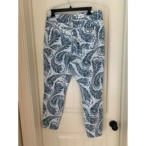 LOFT OUTLET WOMENS CURVY SKINNY JEANS SIZE 10 NEW WHITE WITH BLUE PATTEN