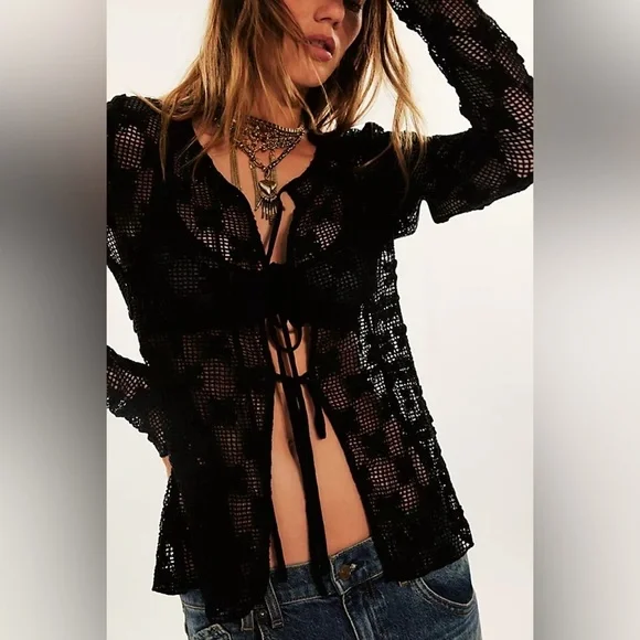 Free People Women’s Julie Knit Black Sheer Lace Cardigan Size XS Crochet Bow Tie