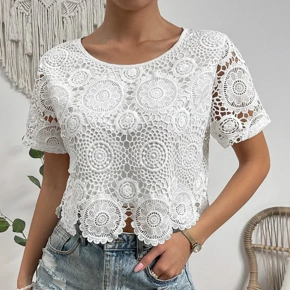 Chic Lace Insert Blouse White