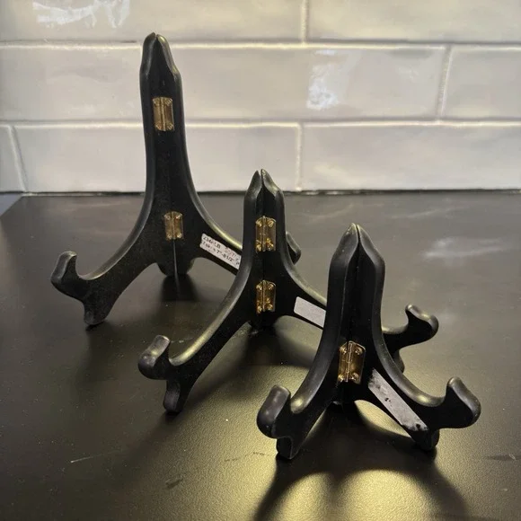 Three Hinged Easel Plate Holders Wooden Folding 7 in & 4 in   ‎     #0140
