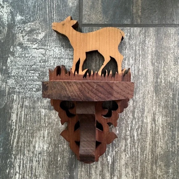 Vintage Wood Cow Wall Shelf Hand Carved Rustic Cabin Decor Small Floating decor