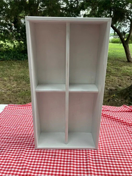 White Wood Wall /Tabletop Display Shelf. Has 4 Compartments