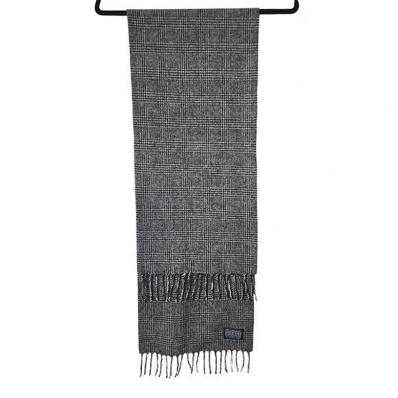 LANDS' END VINTAGE 90s Lambswool‎ Glen Plaid Scarf Gray Fringe Made in Britain