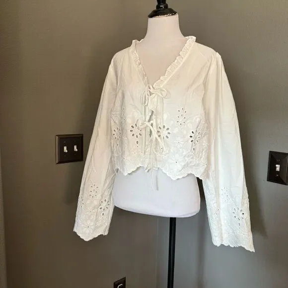 H&M Cream Ruffled Tie Front Blouse with Bib Collar