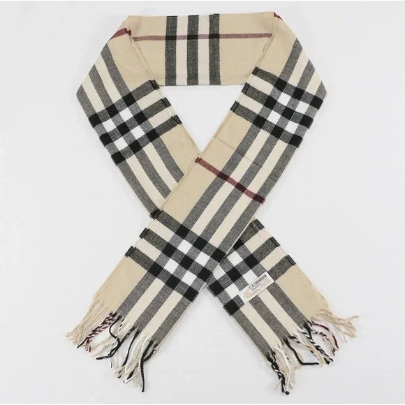 Royal Rossi 100% Mongolian Cashmere Plaid Check Scarf Tan Black White Fringe 70