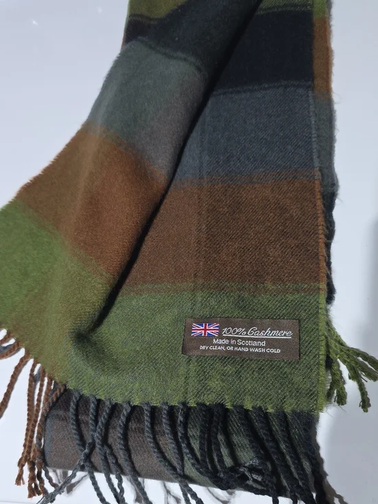 100% Cashmere Green & Brown Plaid Scarf - Made in Scotland