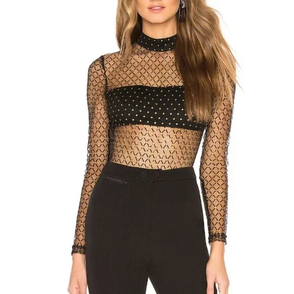 NWOT by the way Callie Dotted Mesh Bodysuit in gold multi size small