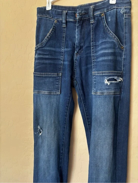 BLANKNYC Distressed Utility Flare Jeans - Medium/Dark Wash Carpenter Denim