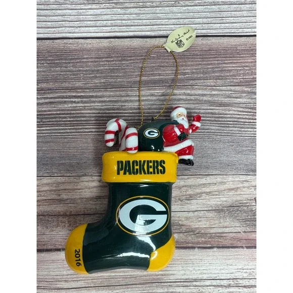 Green Bay Packers 2016 Christmas Stocking Ornament Santa Candy Cane NFL Football