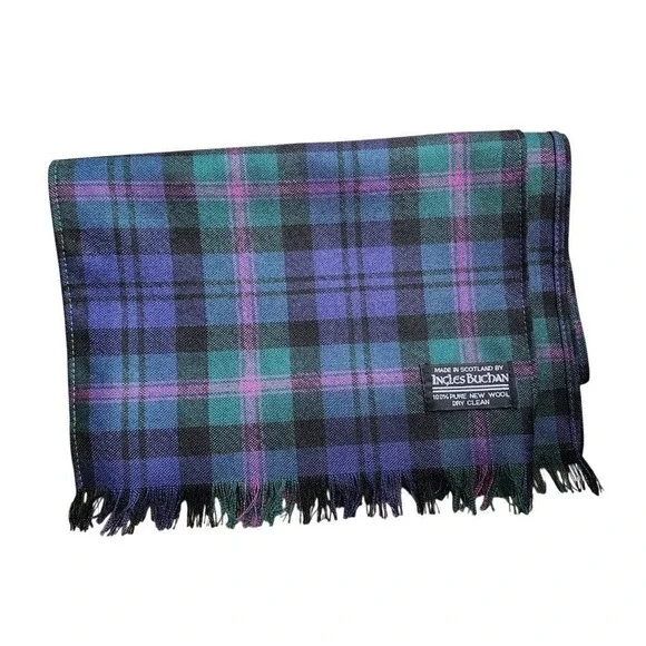INGLES BUCHAN Scottish Tartan Wool Scarf Green Blue Plaid heritage prep academia
