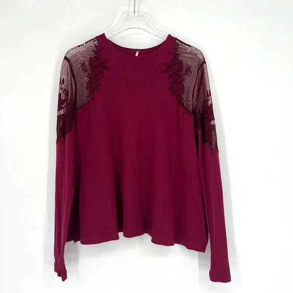 Free People Top Womens S Daniella Red Ribbed Mesh Floral Shoulder‎ Embroidered