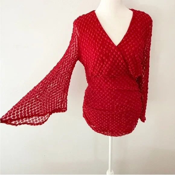 Vintage Women Y2K Asymmetrical Sleeve Polka Dot Top Medium Vamp Fairy Grunge