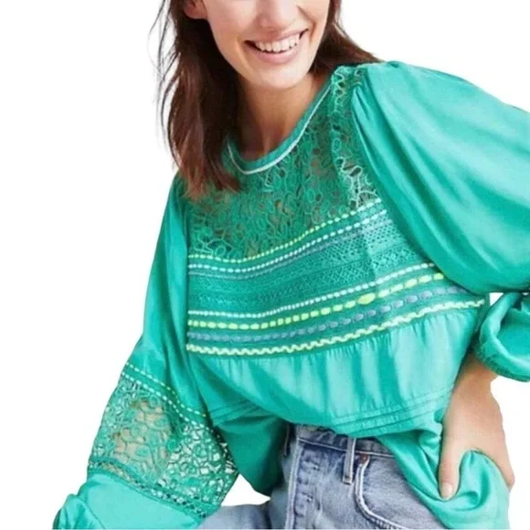 Anthro Blank London Boho Lace Yoke Peasant Blouse Emerald Green Embroidery