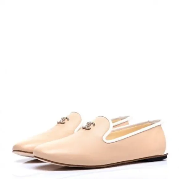 Chanel 2016 Beige/White Leather CC Smoking Loafers size 37.5