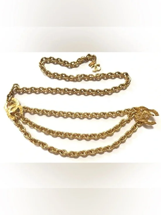 Authentic CHANEL gold plated CC triple chain hanging belt vintage 80cm