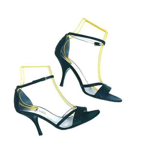 Chanel Black Satin Embellished Strappy Evening Sandals Formal Heels EU 39.5